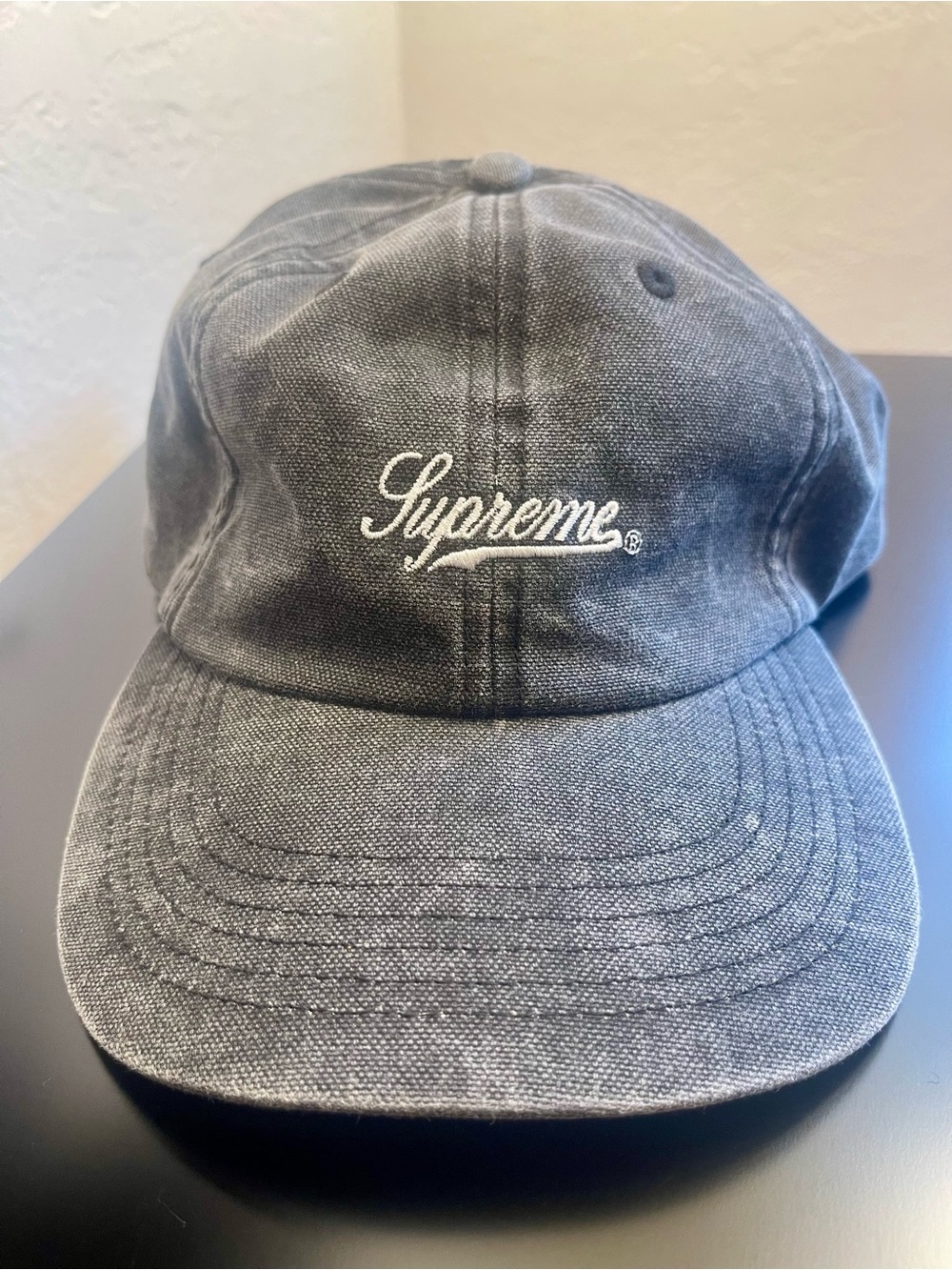 Supreme Washed Gray Script Logo Cap